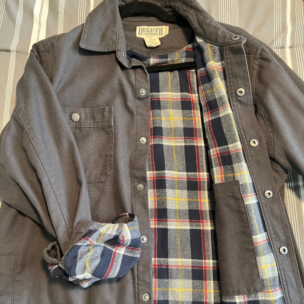 Duluth Trading Co. Dark Gray Button-Down Shirt with Plaid Lining